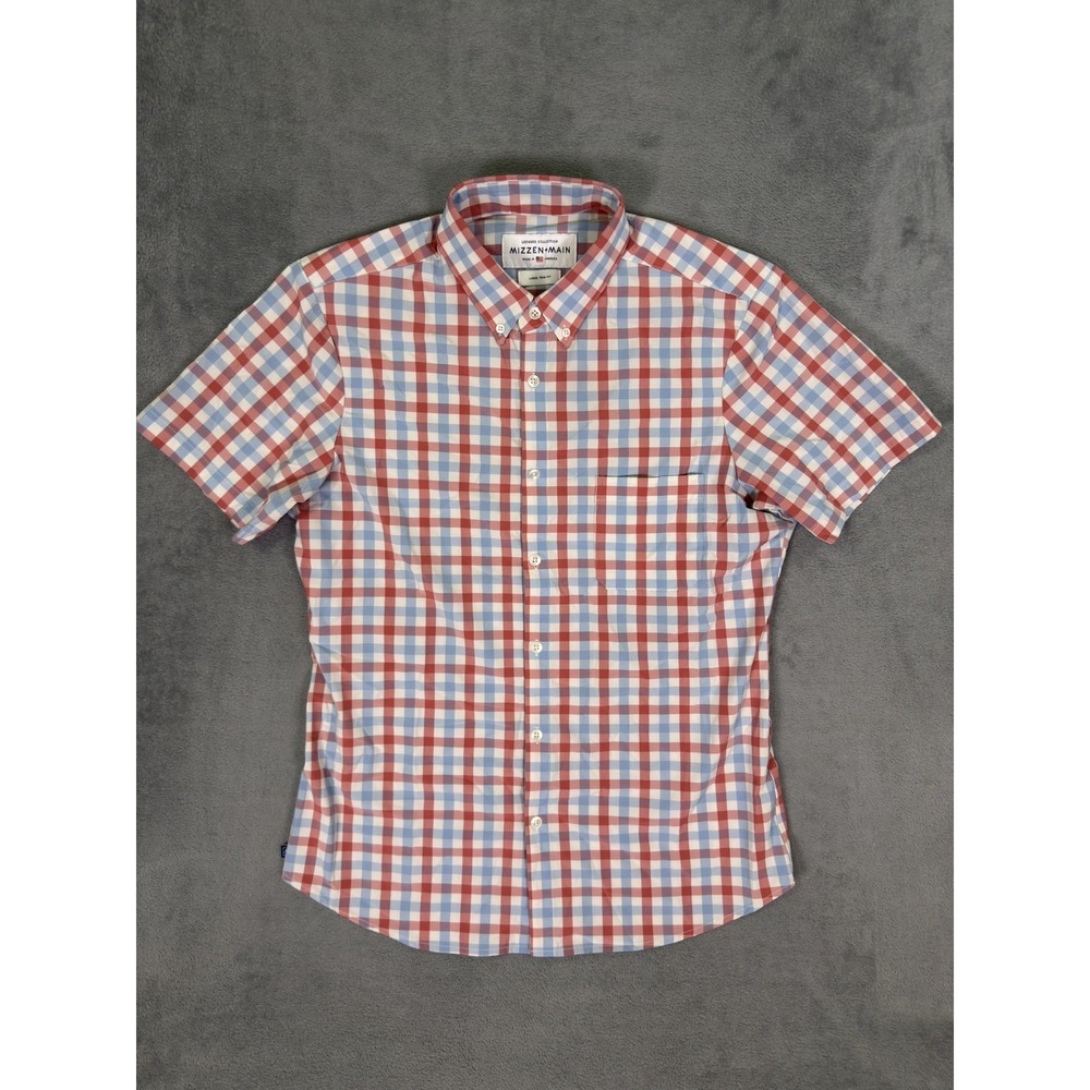 Mizzen & Main Casual Shirt Mens Large Red Blue Check Leeward Collection Trim Fit